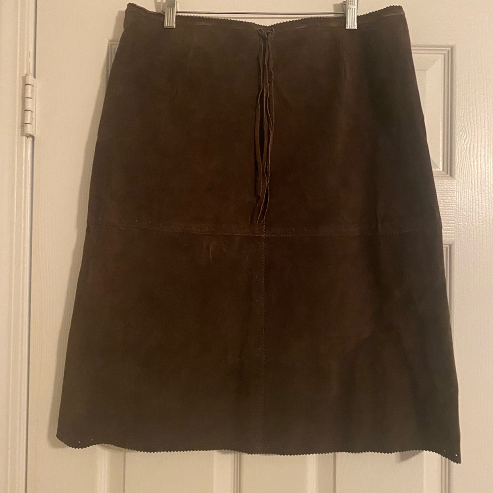 Margaret Godfrey. Vintage Brown Leather/Suede A-Line Womens Skirt. Size 14.Zip.
